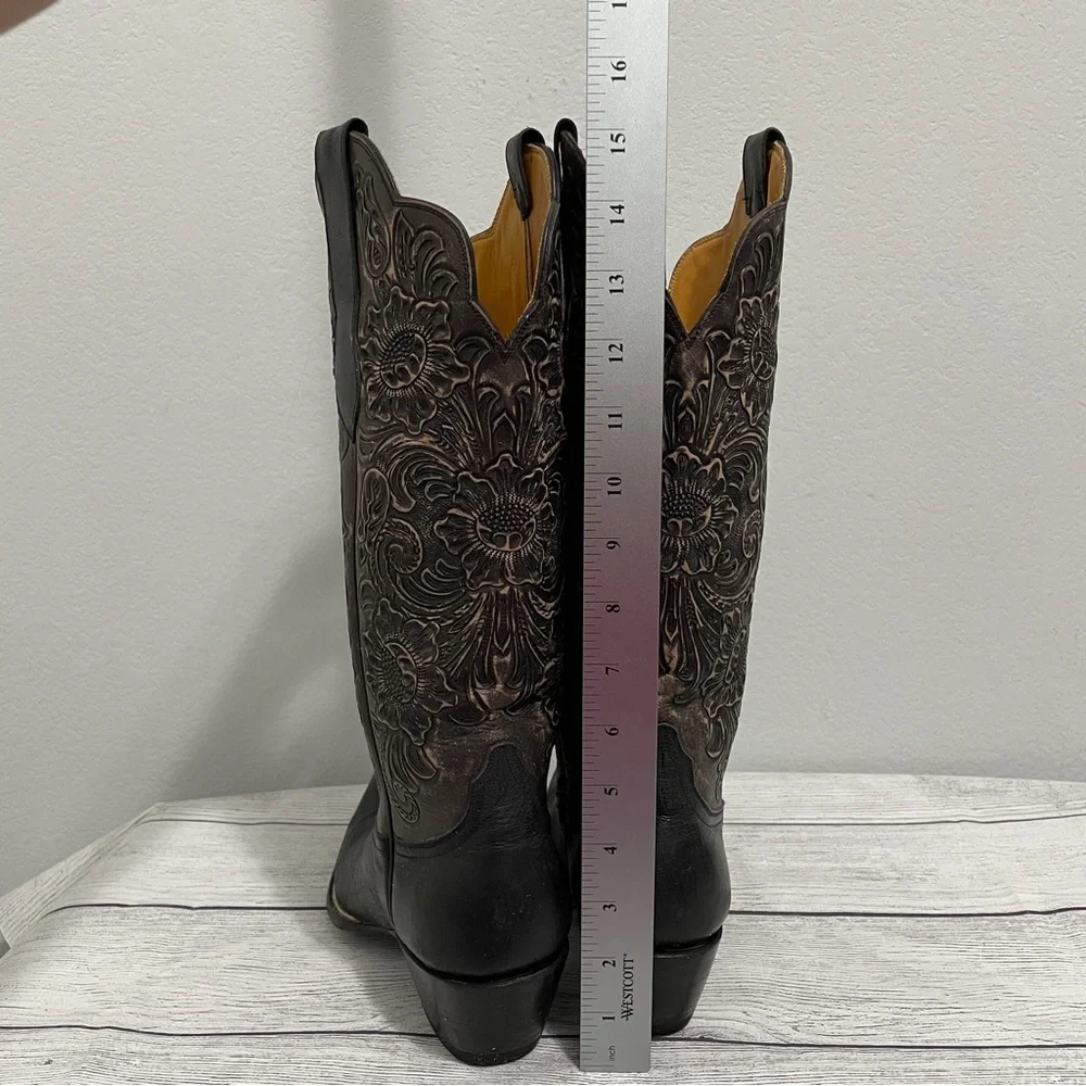Leddy Vaquero Boots Western Tall Tooled Leather Black Dress Dancing Womens 9 B - Picture 8 of 12